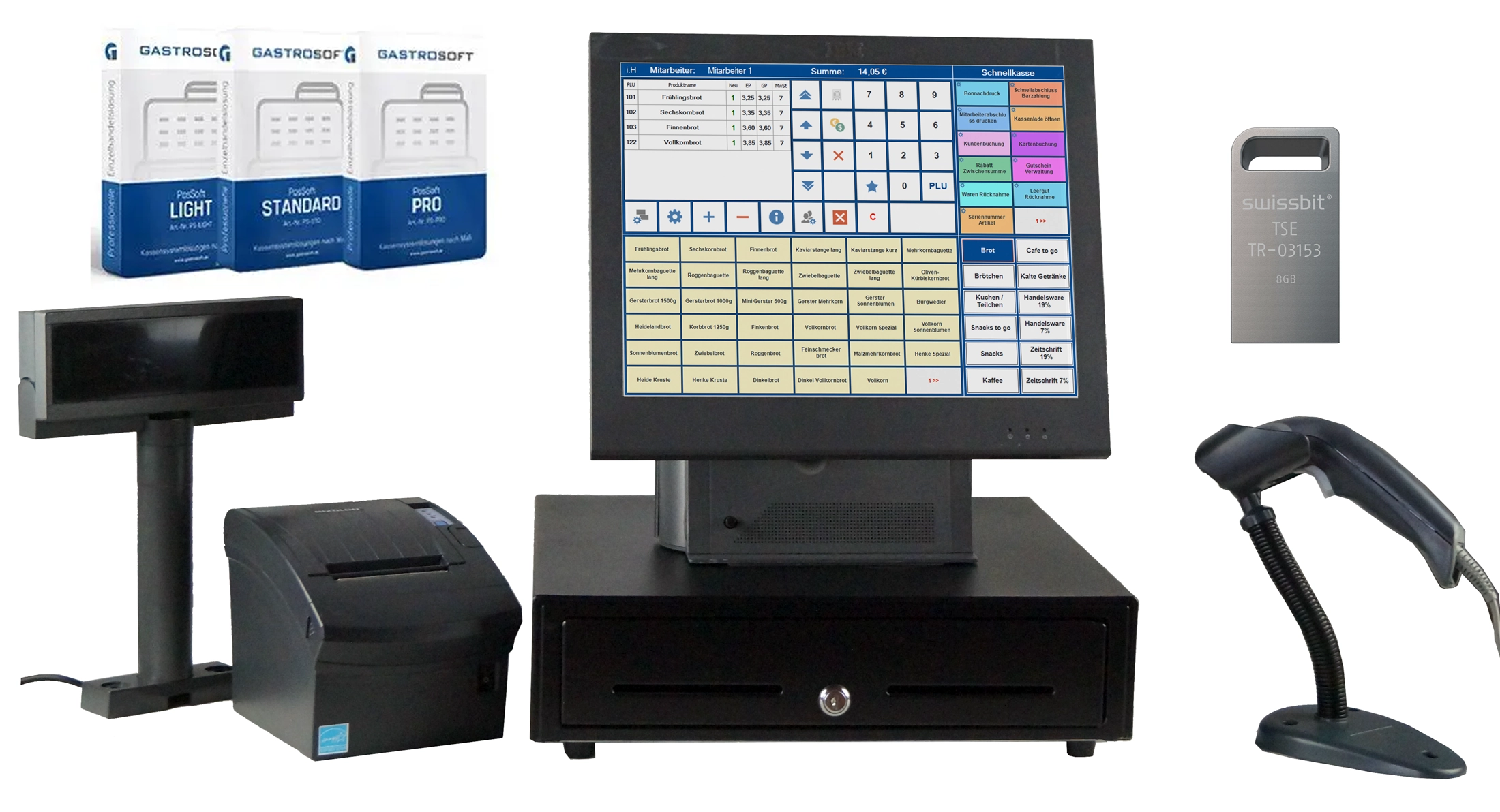 Handel Kasse 15 Zoll Touch IBM | Flex Kauf SE | Kassensoftware mit Kassenbuch + TSE | + Barcode + Schublade