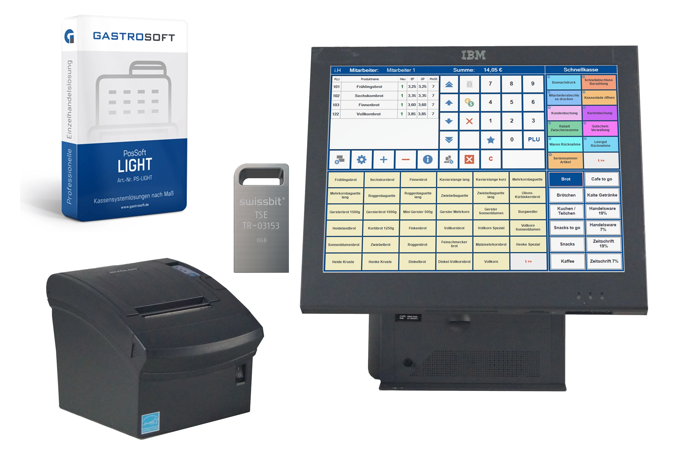 Handel Kasse 15 Zoll Touch IBM | Flex Kauf SH | + Kassensoftware PosSoft mit Kassenbuch + TSE