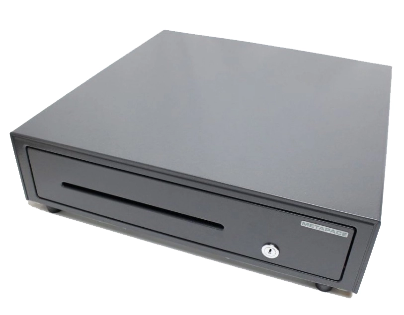 Kassenlade Metapace K-1, dunkelgrau, frontöffnend, Maße 410x114x415mm, 6 Scheinfächer, 8 Münzfächer, META-k1