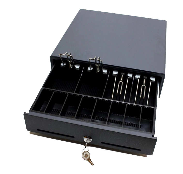 Kassenlade Metapace K-2, schwarz, frontöffnend, 8 Münz-, 4 Scheinfächer, 330x330x101mm (Breite x Höhe x Tiefe), META-k2s
