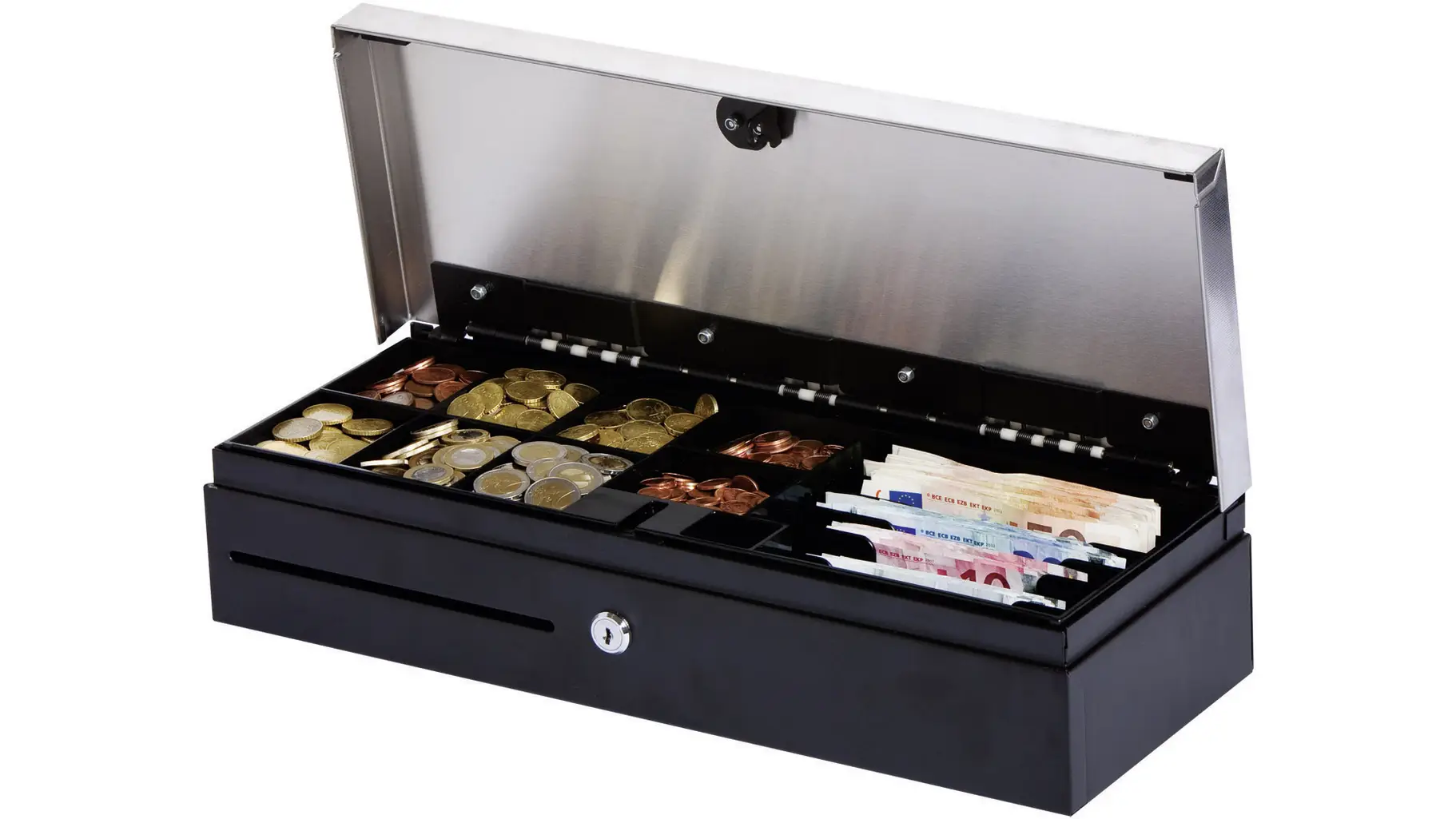 Kassenklapplade Metapace K-3, silber/schwarz, 460x100x170mm, 8 Münz-, 6 Scheinfächer, 1 Scheckfach, mpk3s-c
