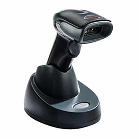 Drahtloser Barcode Scanner auf einer Ladestation mit schwarzem Gehäuse und ergonomischem Design.