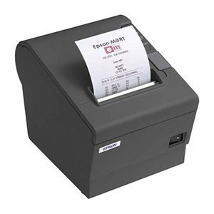 Schwarzer Epson Bondrucker mit einem Ausdruck auf dem Papier, der aus dem Gerät kommt.