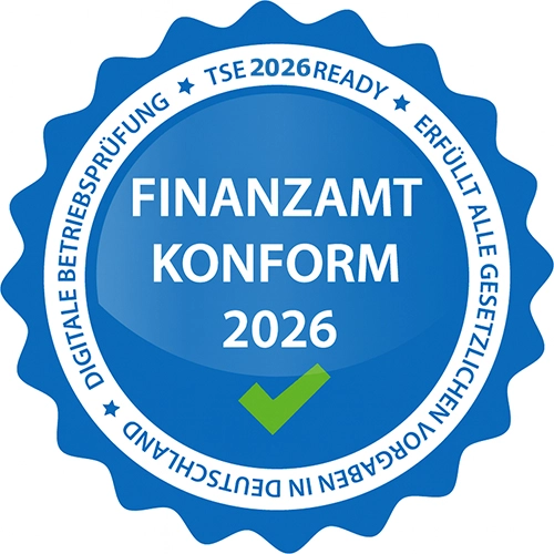 Blaues Siegel mit der Aufschrift 'Finanzamt Konform 2026' und einem Häkchen.