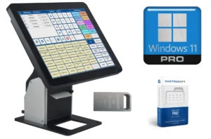 Kassenmonitor mit Touchscreen, Windows 11 Pro Logo und Gastrosoft Pro Softwareverpackung.