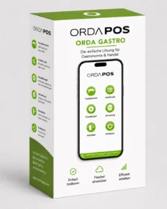 Die ORDA-POS-Verpackung zeigt eine Android-Kassenoberfläche mit Tischübersicht, Artikel-Liste, Einstellungen und Verwaltung.